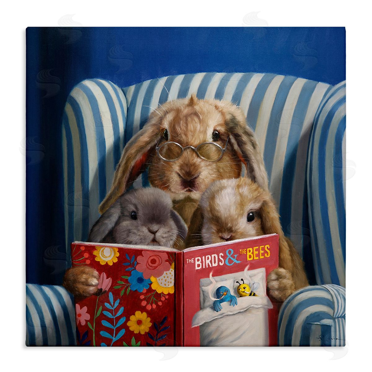 Lucia Heffernan Rabbit Family Reading Book Birds & Bees Armchair  Stretched Canvas Wall Art Print