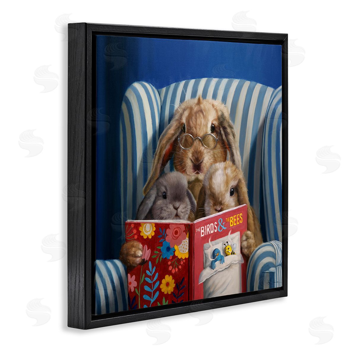 Lucia Heffernan Rabbit Family Reading Book Birds & Bees Armchair  Black Floating Frame Canvas Wall Art Print