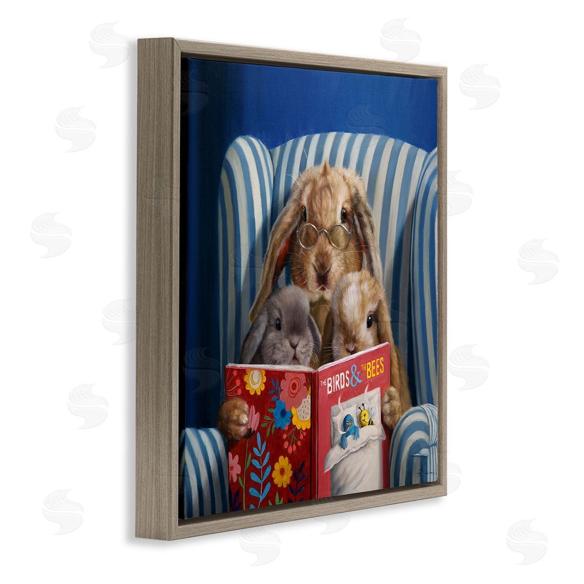 Lucia Heffernan Rabbit Family Reading Book Birds & Bees Armchair  Brown Floating Frame Canvas Wall Art Print