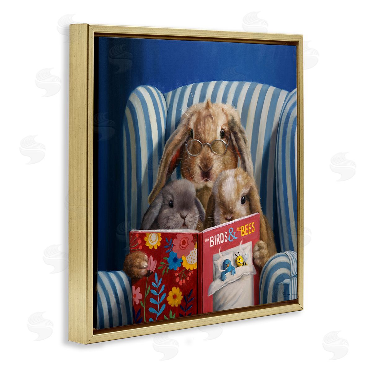 Lucia Heffernan Rabbit Family Reading Book Birds & Bees Armchair  Gold Floating Frame Canvas Wall Art Print