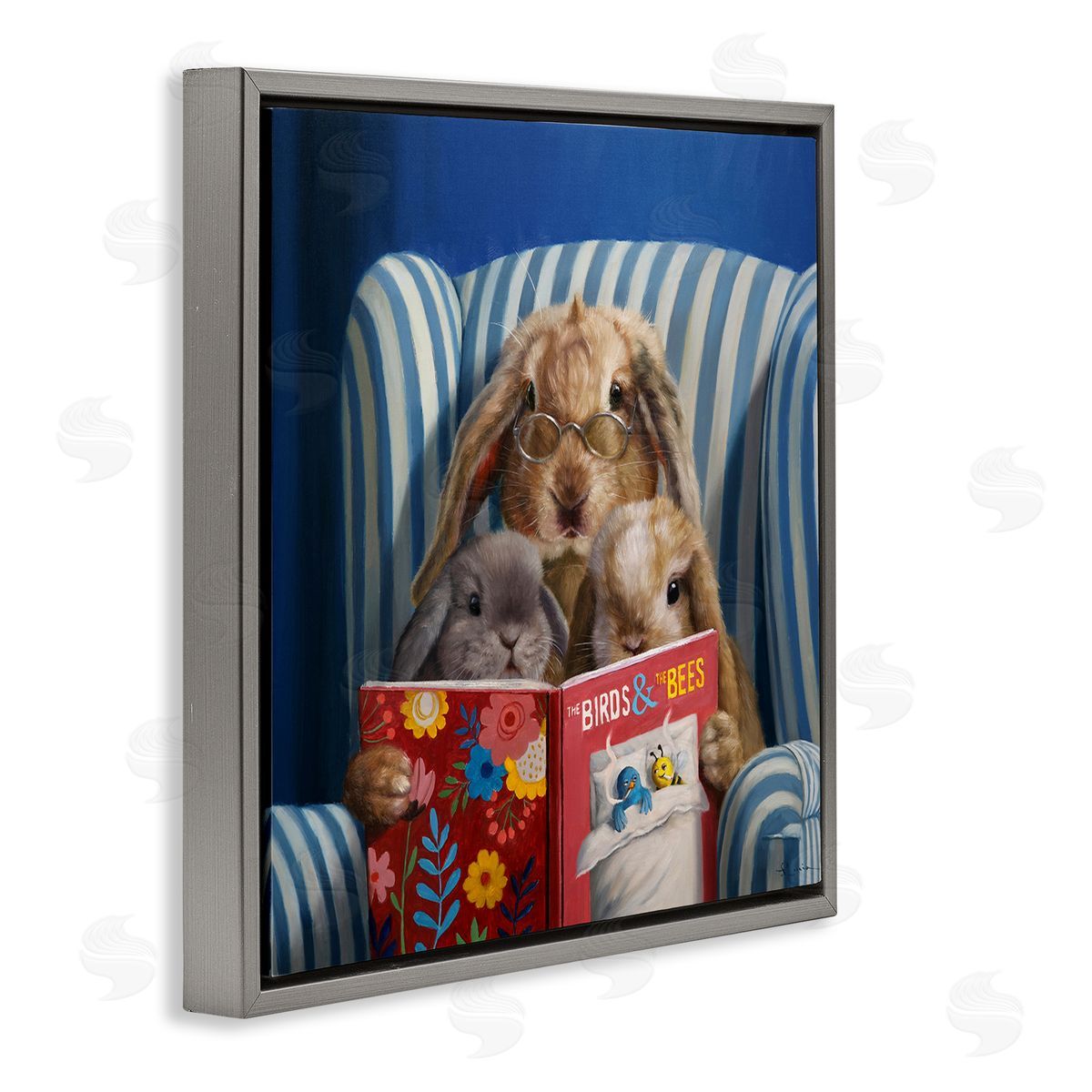 Lucia Heffernan Rabbit Family Reading Book Birds & Bees Armchair  Gray Floating Frame Canvas Wall Art Print