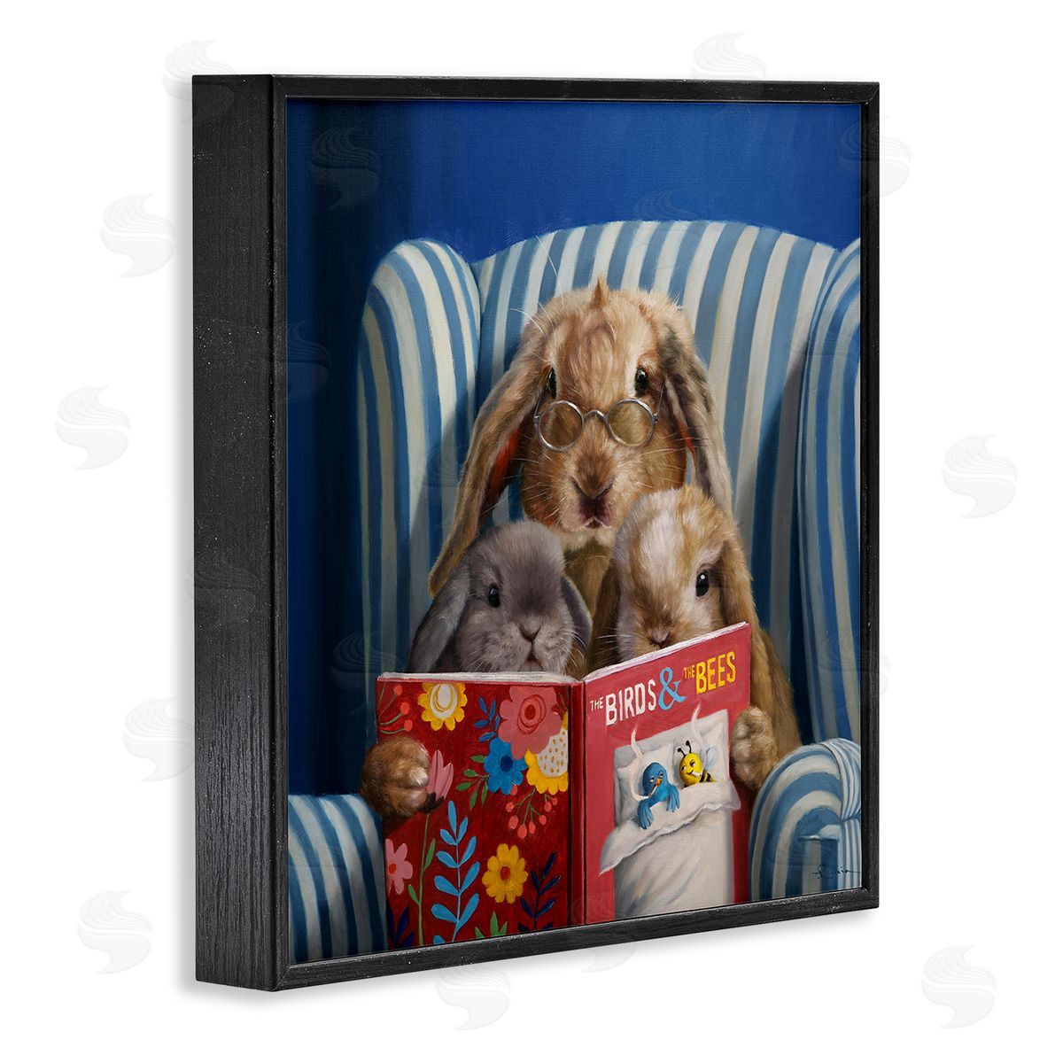 Lucia Heffernan Rabbit Family Reading Book Birds & Bees Armchair  Black Framed Glicee Wall Art Print