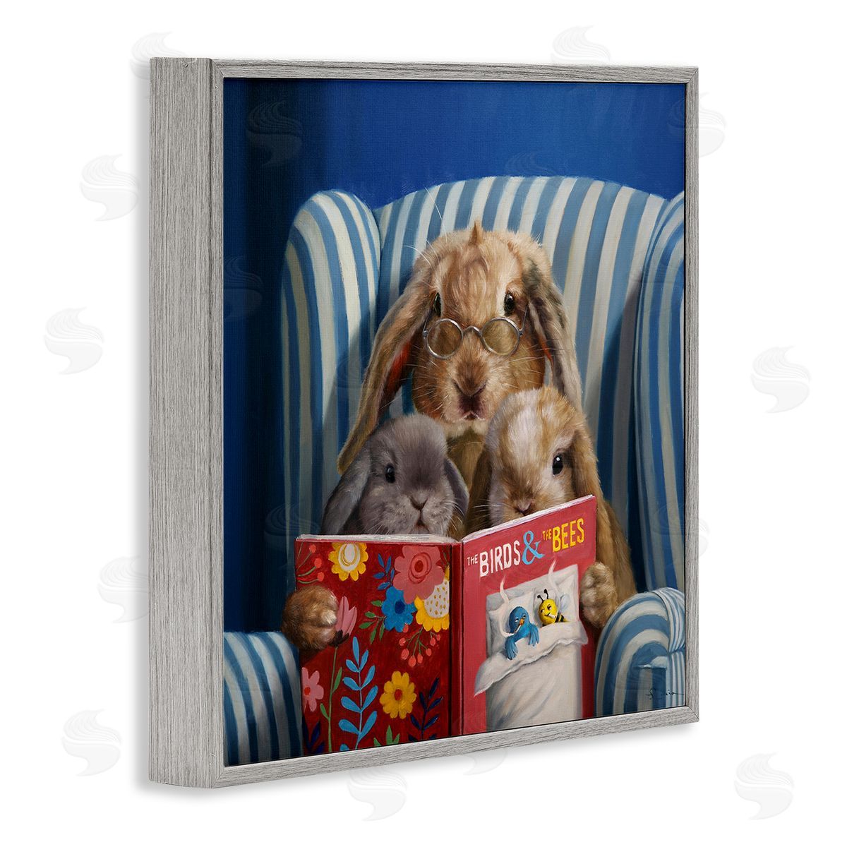 Lucia Heffernan Rabbit Family Reading Book Birds & Bees Armchair  Gray Framed Glicee Wall Art Print
