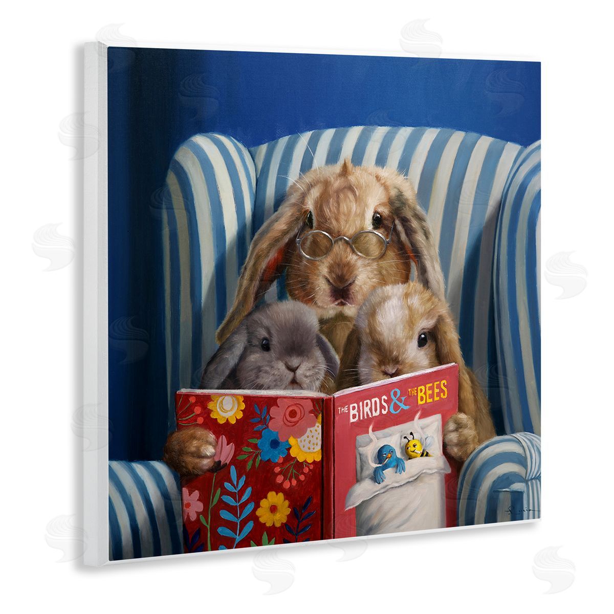 Lucia Heffernan Rabbit Family Reading Book Birds & Bees Armchair  Wooden Wall Plaque Art Print