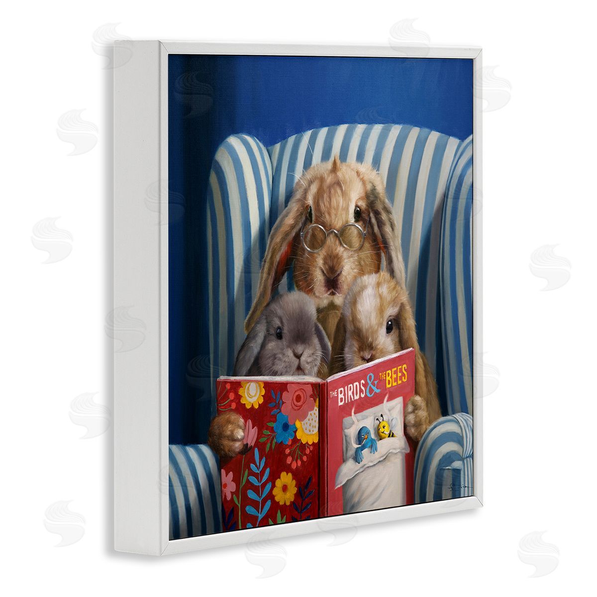 Lucia Heffernan Rabbit Family Reading Book Birds & Bees Armchair  White Framed Glicee Wall Art Print