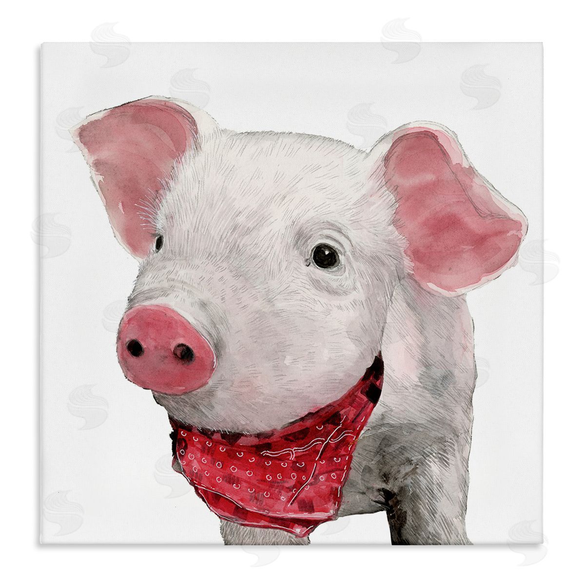 White Ladder Simple Country Farm Pig Wearing Red Bandana Stretched Canvas Wall Art Print