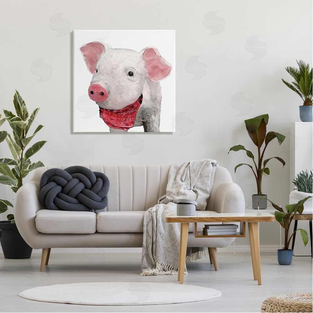 White Ladder Simple Country Farm Pig Wearing Red Bandana Canvas Wall Art in Room