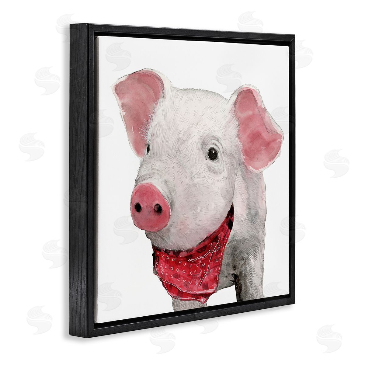 White Ladder Simple Country Farm Pig Wearing Red Bandana Black Floating Frame Canvas Wall Art Print