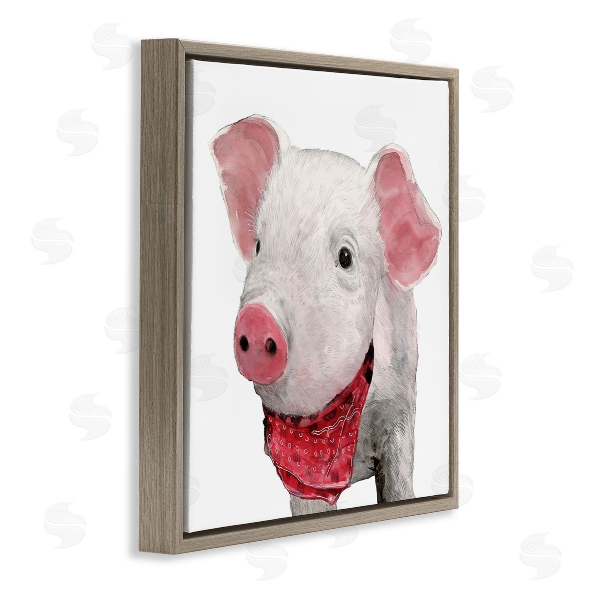 White Ladder Simple Country Farm Pig Wearing Red Bandana Brown Floating Frame Canvas Wall Art Print