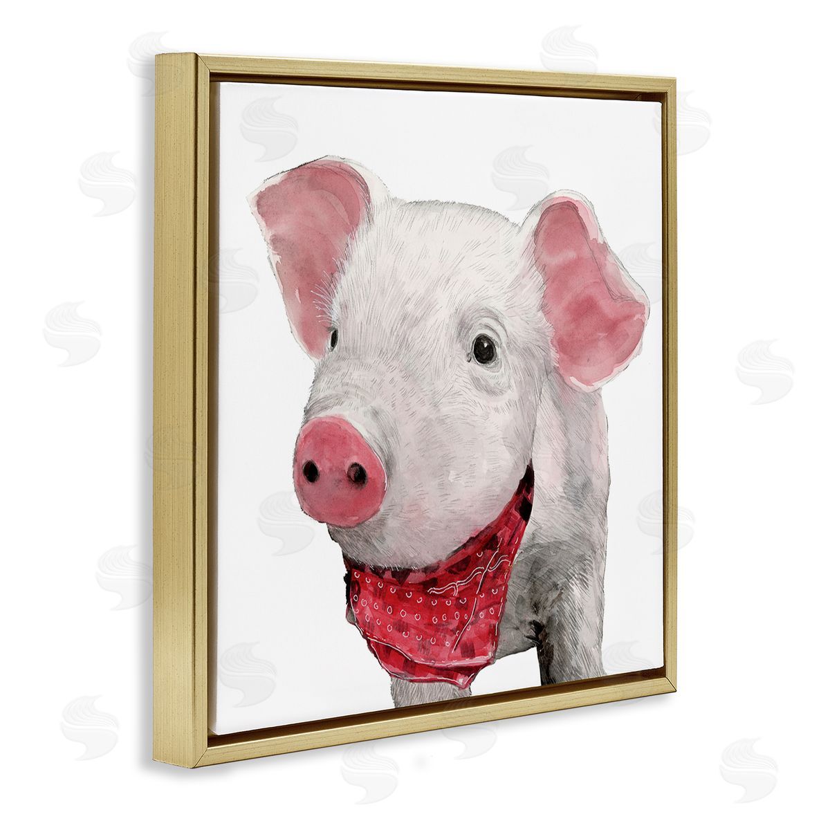 White Ladder Simple Country Farm Pig Wearing Red Bandana Gold Floating Frame Canvas Wall Art Print