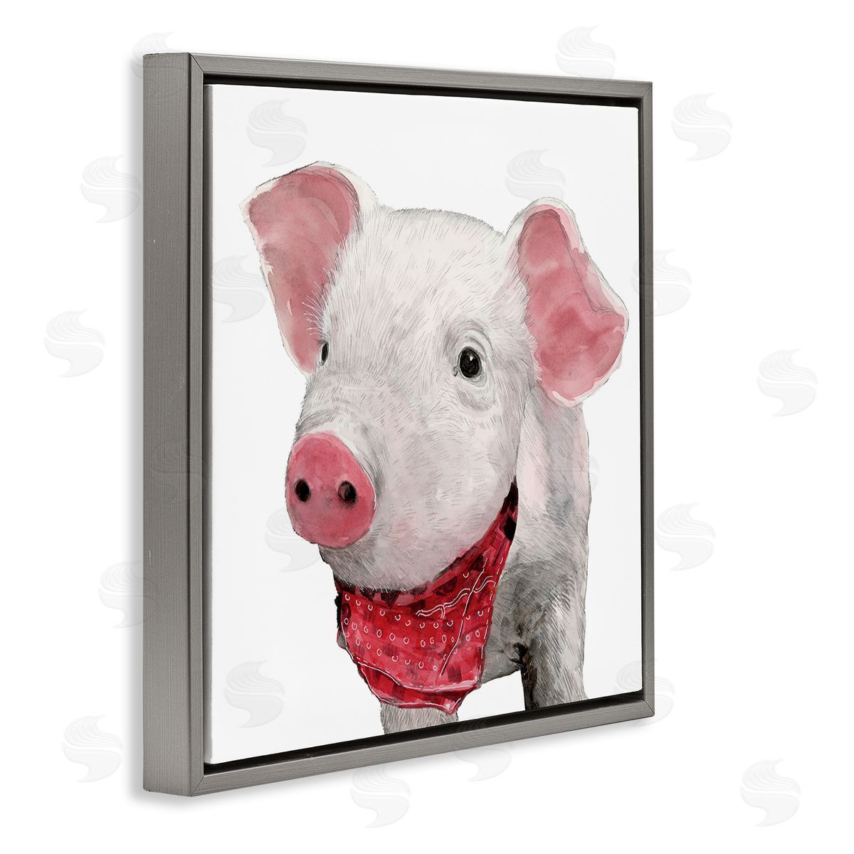 White Ladder Simple Country Farm Pig Wearing Red Bandana Gray Floating Frame Canvas Wall Art Print