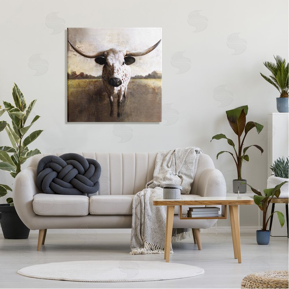 White Ladder Striking Longhorn Cattle Warm Sunlight Farmland Grass Canvas Wall Art in Room