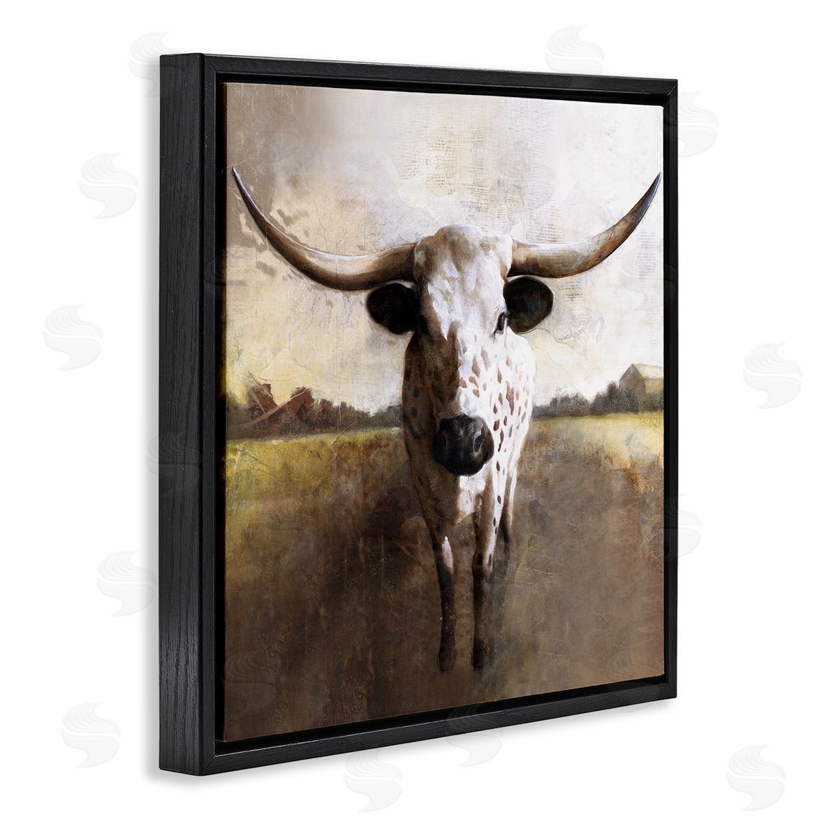 White Ladder Striking Longhorn Cattle Warm Sunlight Farmland Grass Black Floating Frame Canvas Wall Art Print