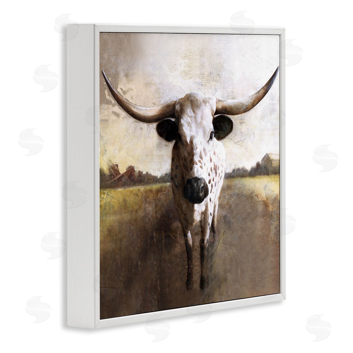 White Ladder Striking Longhorn Cattle Warm Sunlight Farmland Grass White Framed Glicee Wall Art Print