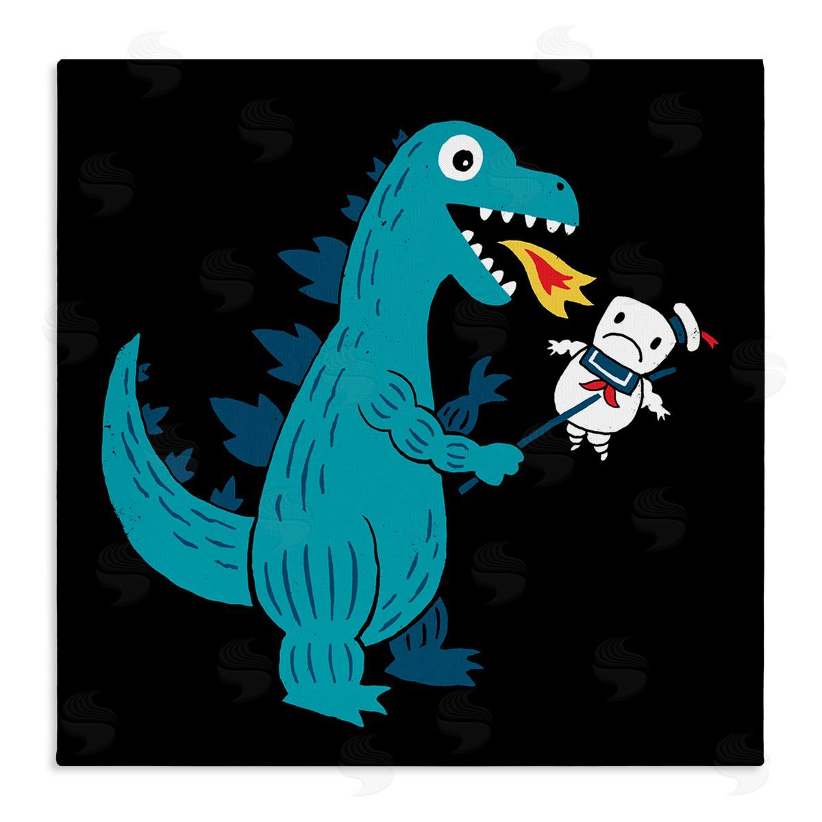 Michael Buxton Cartoon Dragon Breathing Fire Marshmallow Man  Stretched Canvas Wall Art Print