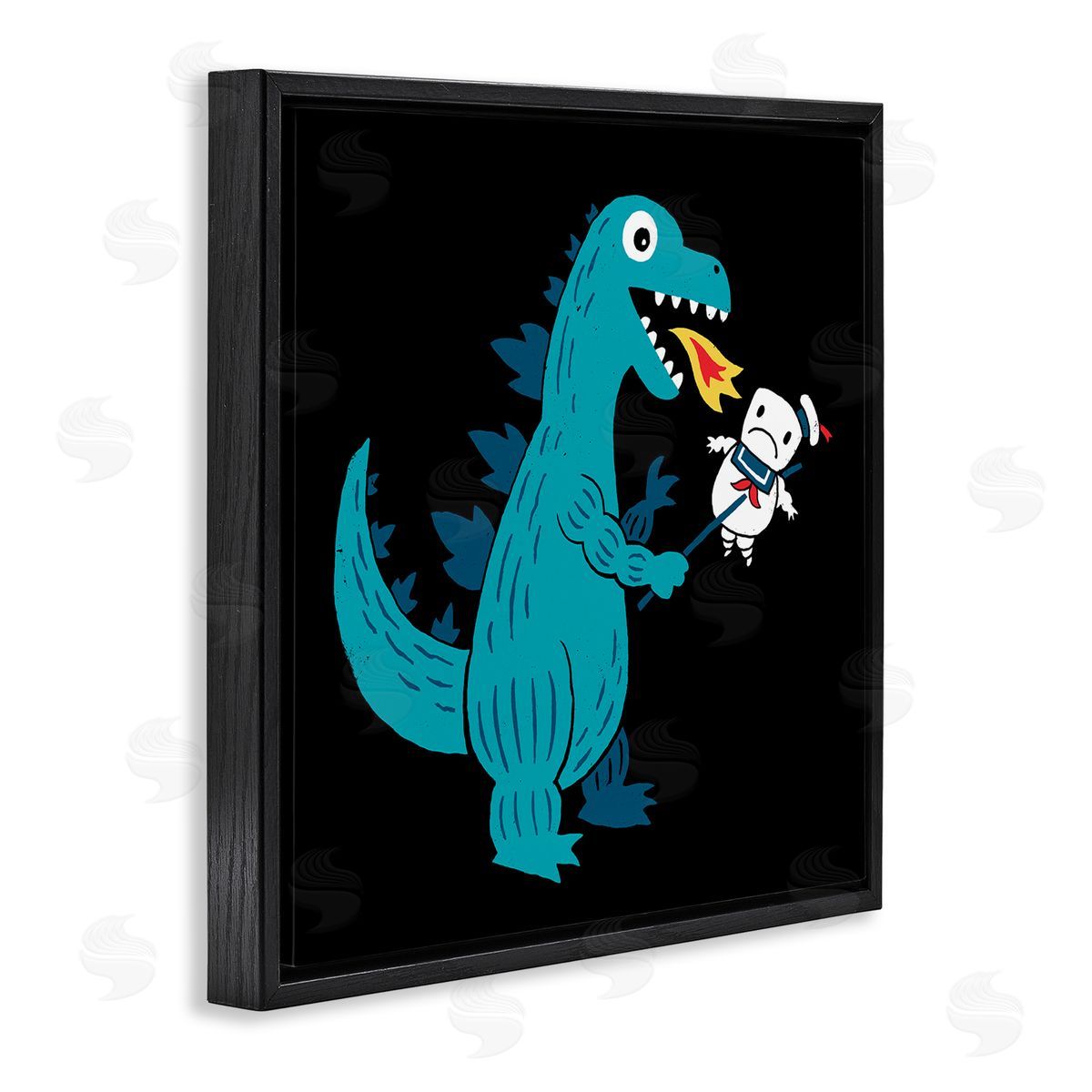 Michael Buxton Cartoon Dragon Breathing Fire Marshmallow Man  Black Floating Frame Canvas Wall Art Print