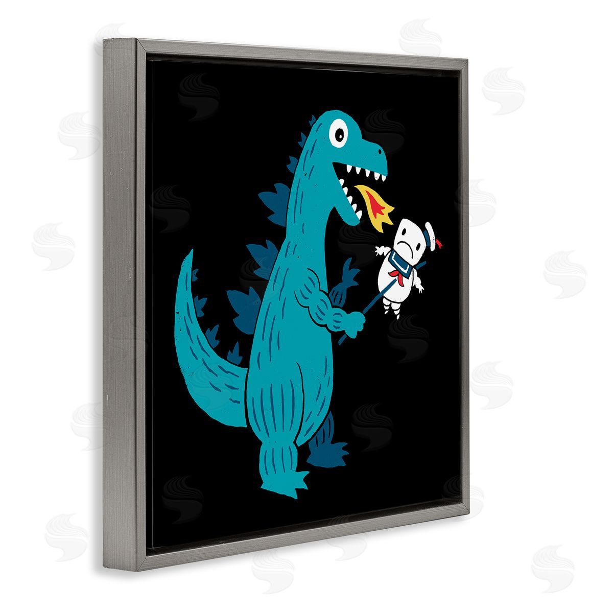 Michael Buxton Cartoon Dragon Breathing Fire Marshmallow Man  Gray Floating Frame Canvas Wall Art Print