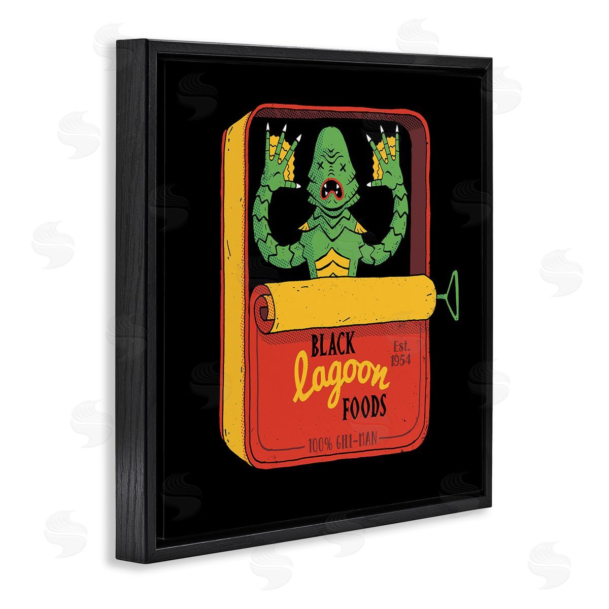 Michael Buxton Black Lagoon Creature Novelty Tuna Can Design  Black Floating Frame Canvas Wall Art Print