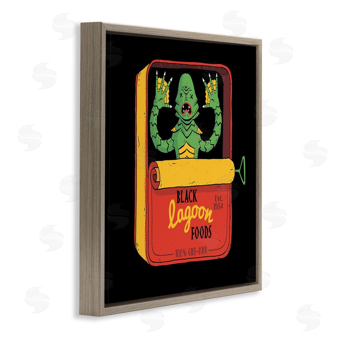 Michael Buxton Black Lagoon Creature Novelty Tuna Can Design  Brown Floating Frame Canvas Wall Art Print
