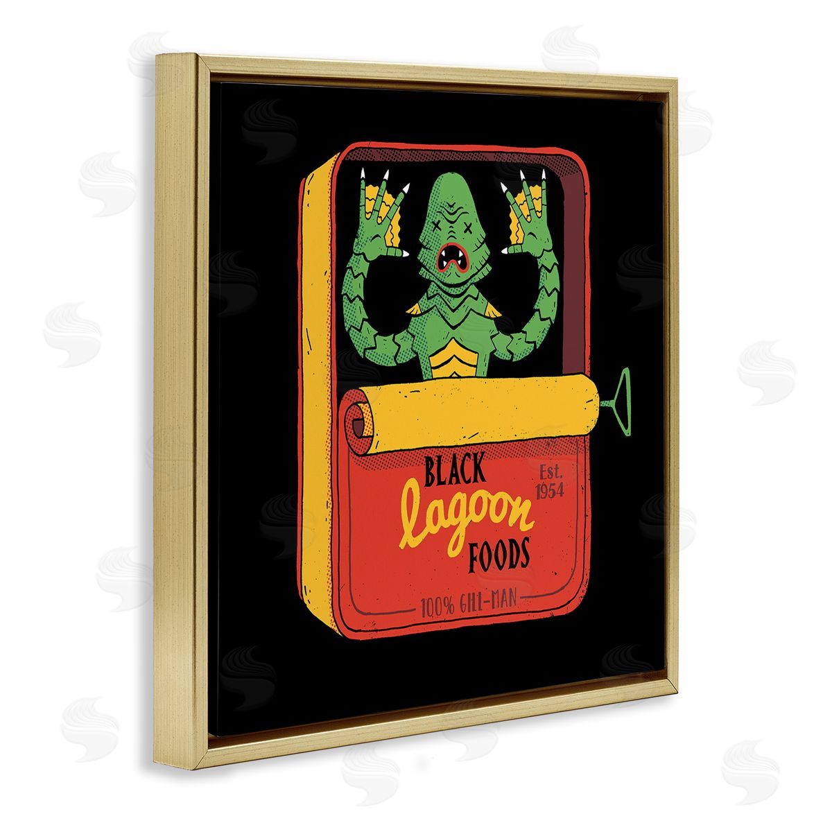 Michael Buxton Black Lagoon Creature Novelty Tuna Can Design  Gold Floating Frame Canvas Wall Art Print