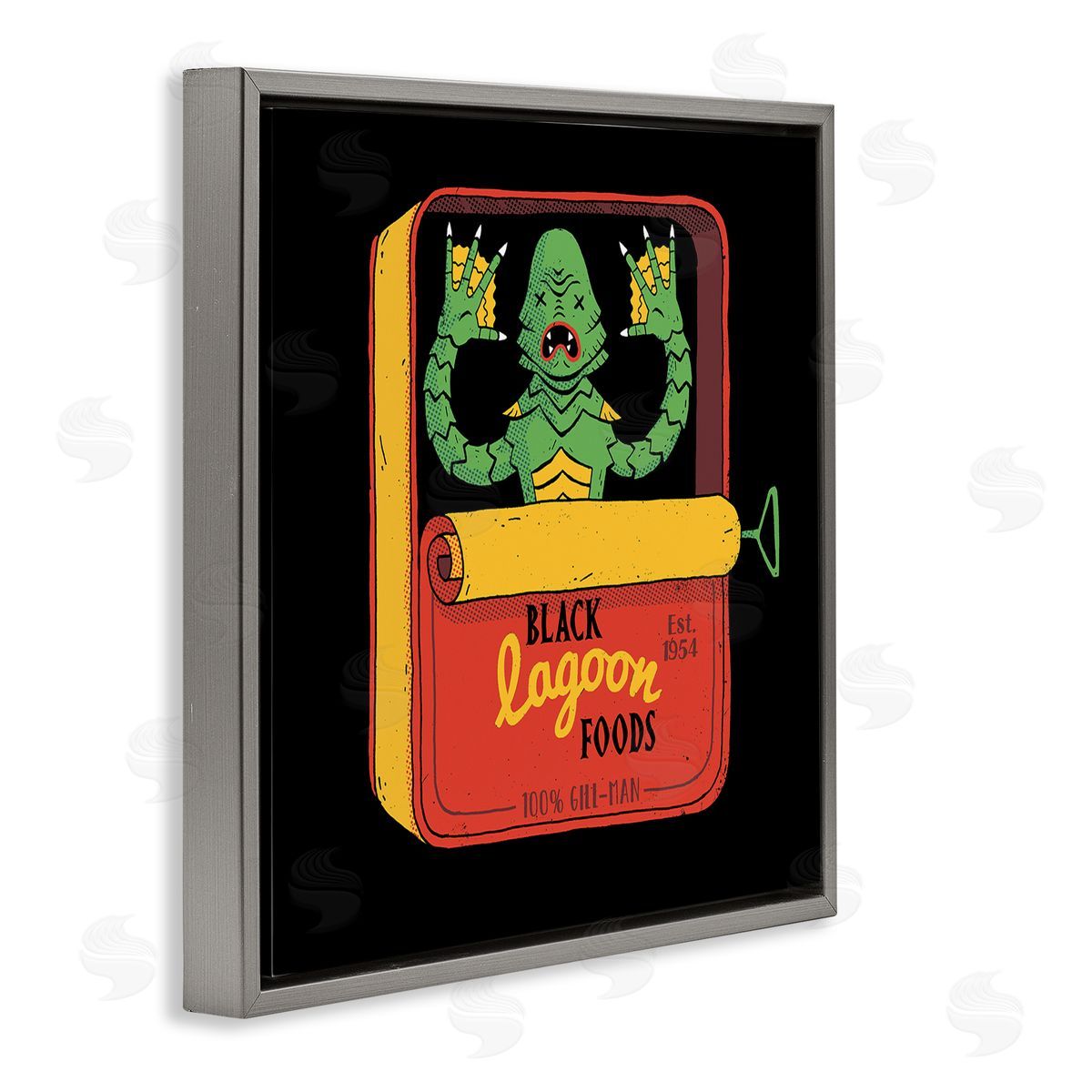 Michael Buxton Black Lagoon Creature Novelty Tuna Can Design  Gray Floating Frame Canvas Wall Art Print