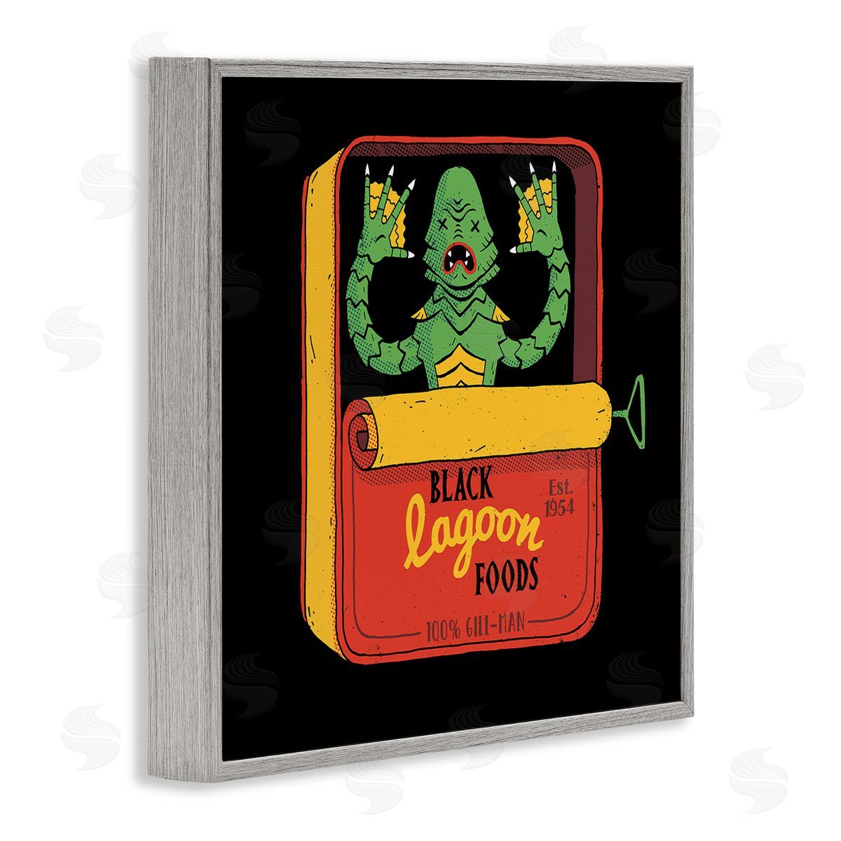 Michael Buxton Black Lagoon Creature Novelty Tuna Can Design  Gray Framed Glicee Wall Art Print