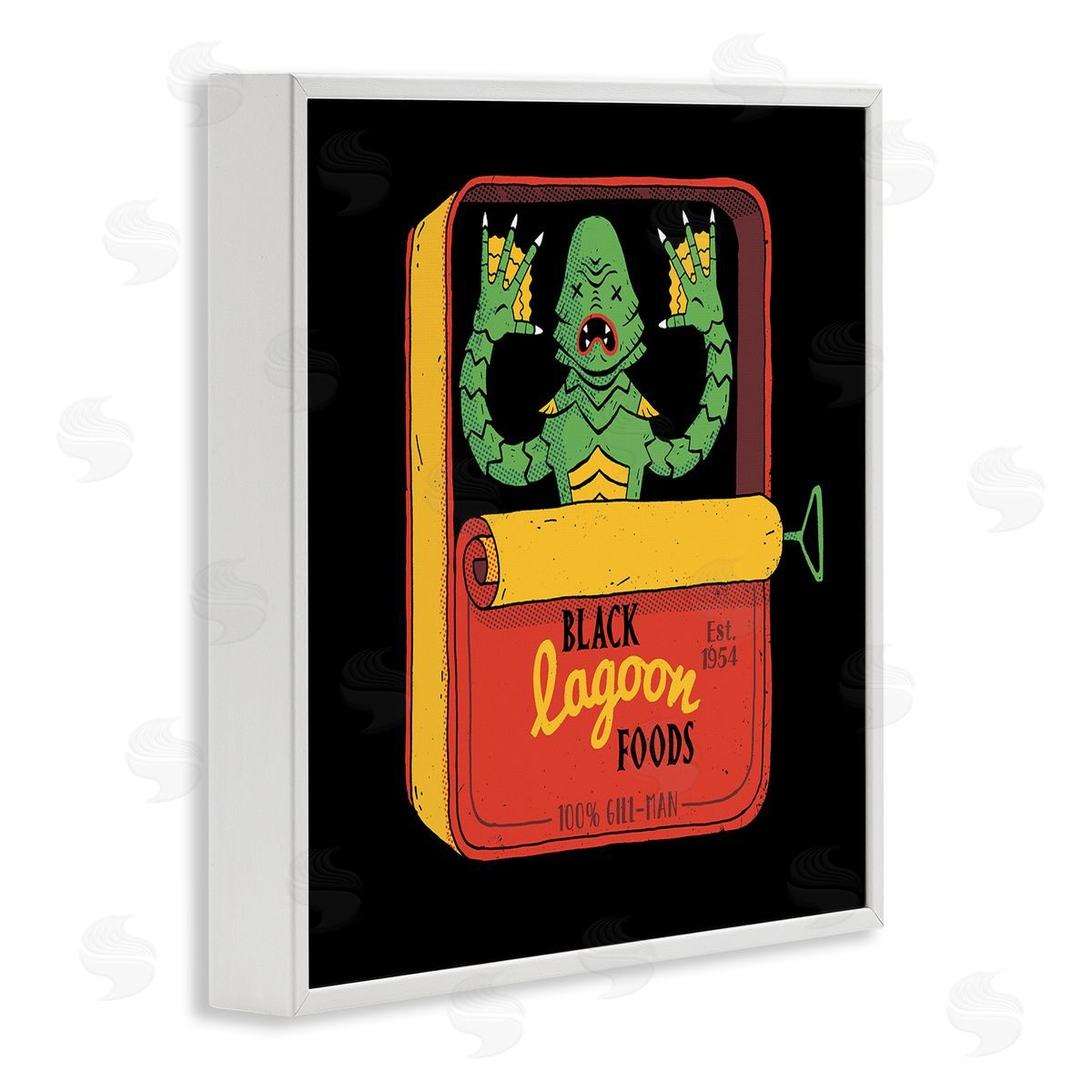 Michael Buxton Black Lagoon Creature Novelty Tuna Can Design  White Framed Glicee Wall Art Print