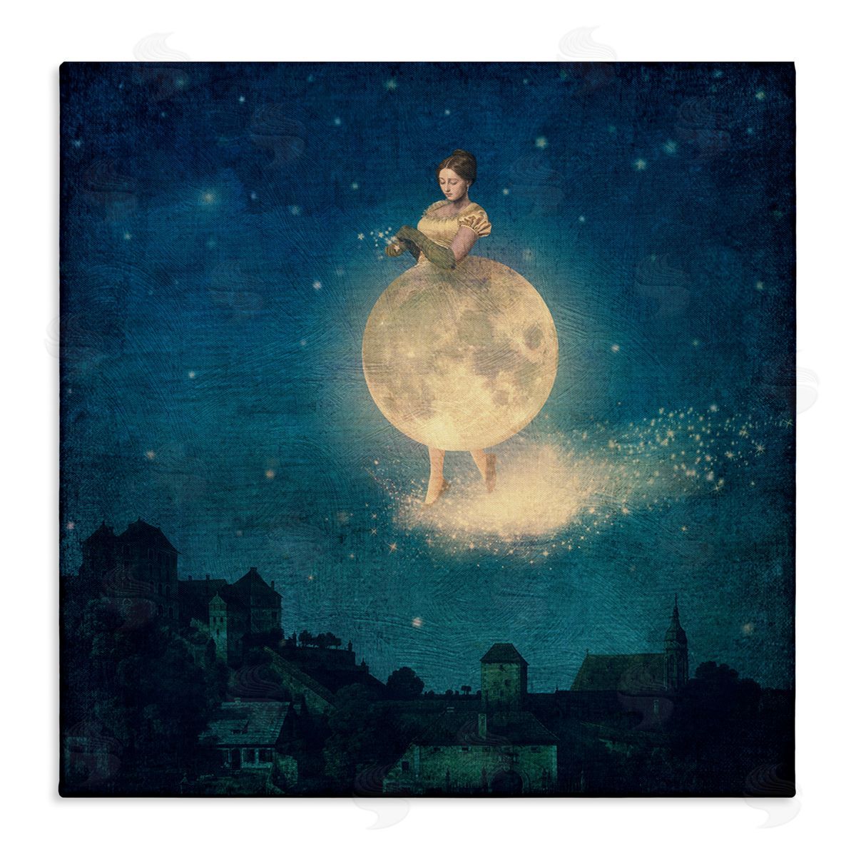 Paula Belle Flores Surreal Lunar Woman Nighttime Stars Cityscape  Stretched Canvas Wall Art Print