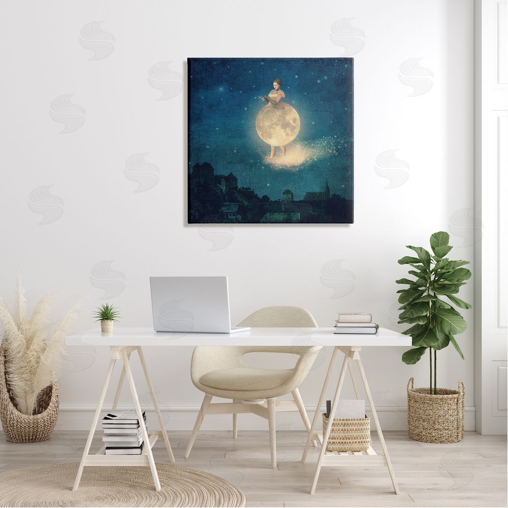 Paula Belle Flores Surreal Lunar Woman Nighttime Stars Cityscape  Canvas Wall Art in Room
