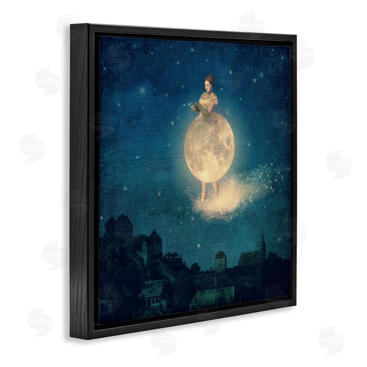 Paula Belle Flores Surreal Lunar Woman Nighttime Stars Cityscape  Black Floating Frame Canvas Wall Art Print