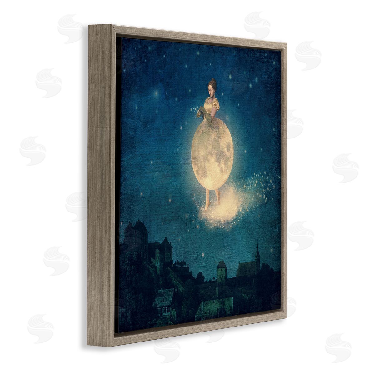 Paula Belle Flores Surreal Lunar Woman Nighttime Stars Cityscape  Brown Floating Frame Canvas Wall Art Print