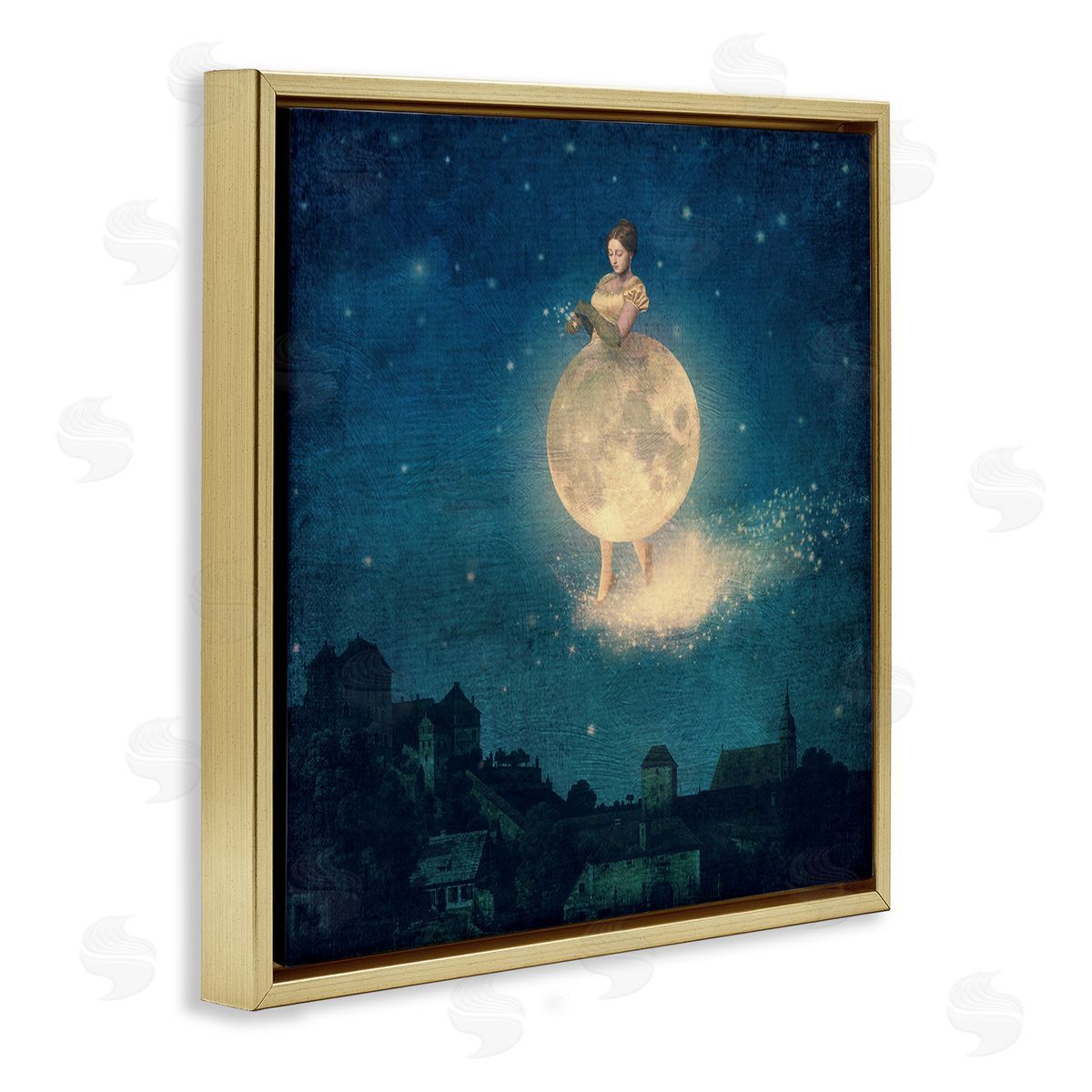 Paula Belle Flores Surreal Lunar Woman Nighttime Stars Cityscape  Gold Floating Frame Canvas Wall Art Print