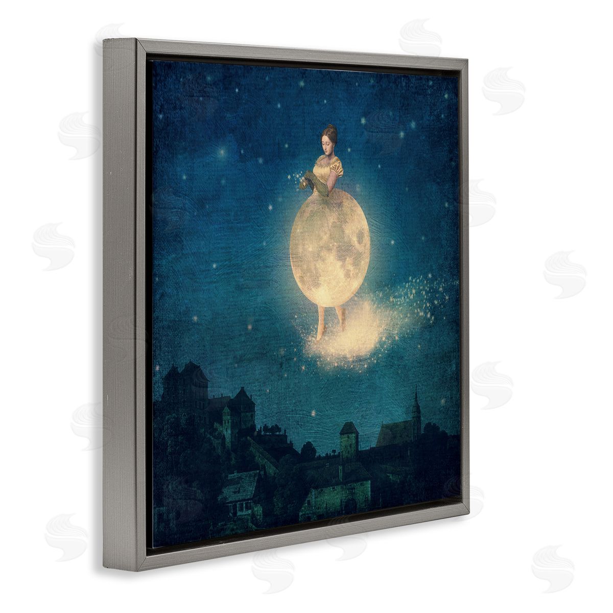 Paula Belle Flores Surreal Lunar Woman Nighttime Stars Cityscape  Gray Floating Frame Canvas Wall Art Print