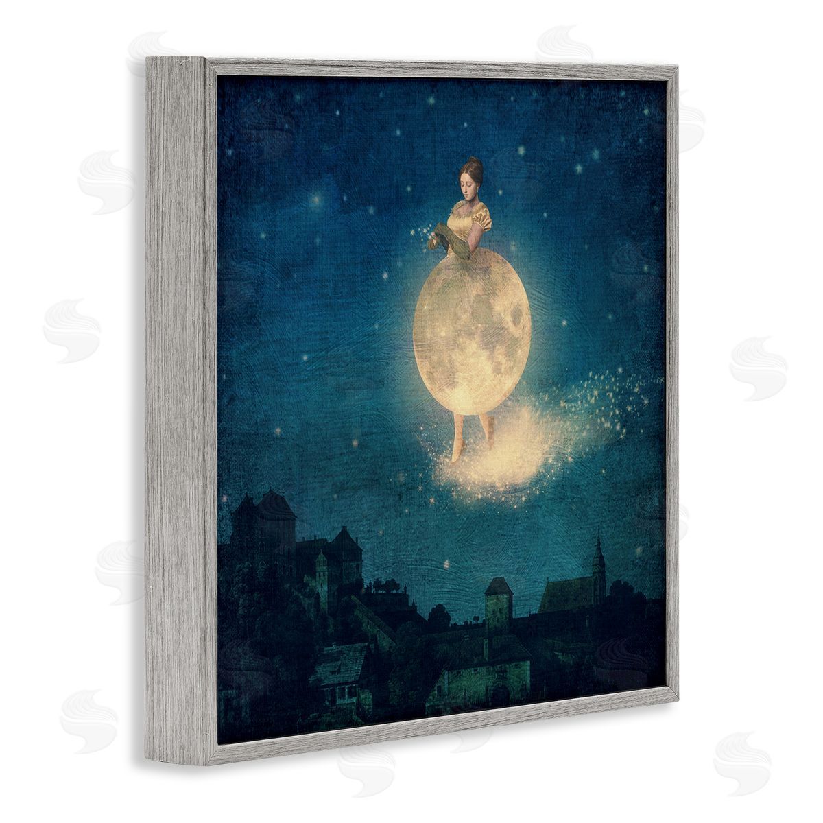 Paula Belle Flores Surreal Lunar Woman Nighttime Stars Cityscape  Gray Framed Glicee Wall Art Print