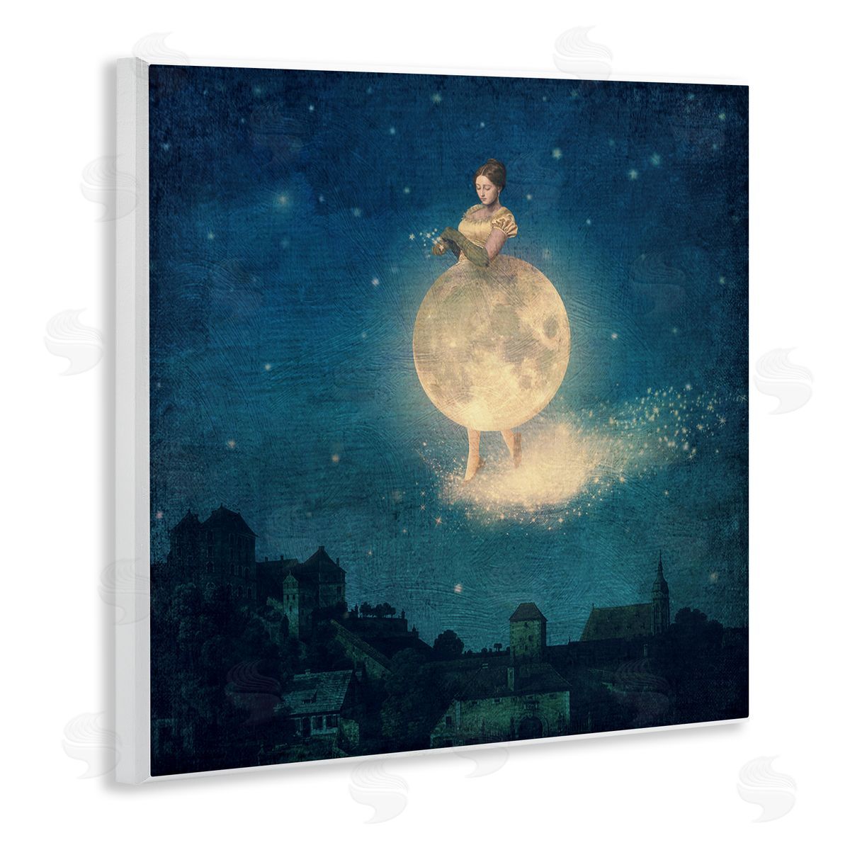 Paula Belle Flores Surreal Lunar Woman Nighttime Stars Cityscape  Wooden Wall Plaque Art Print