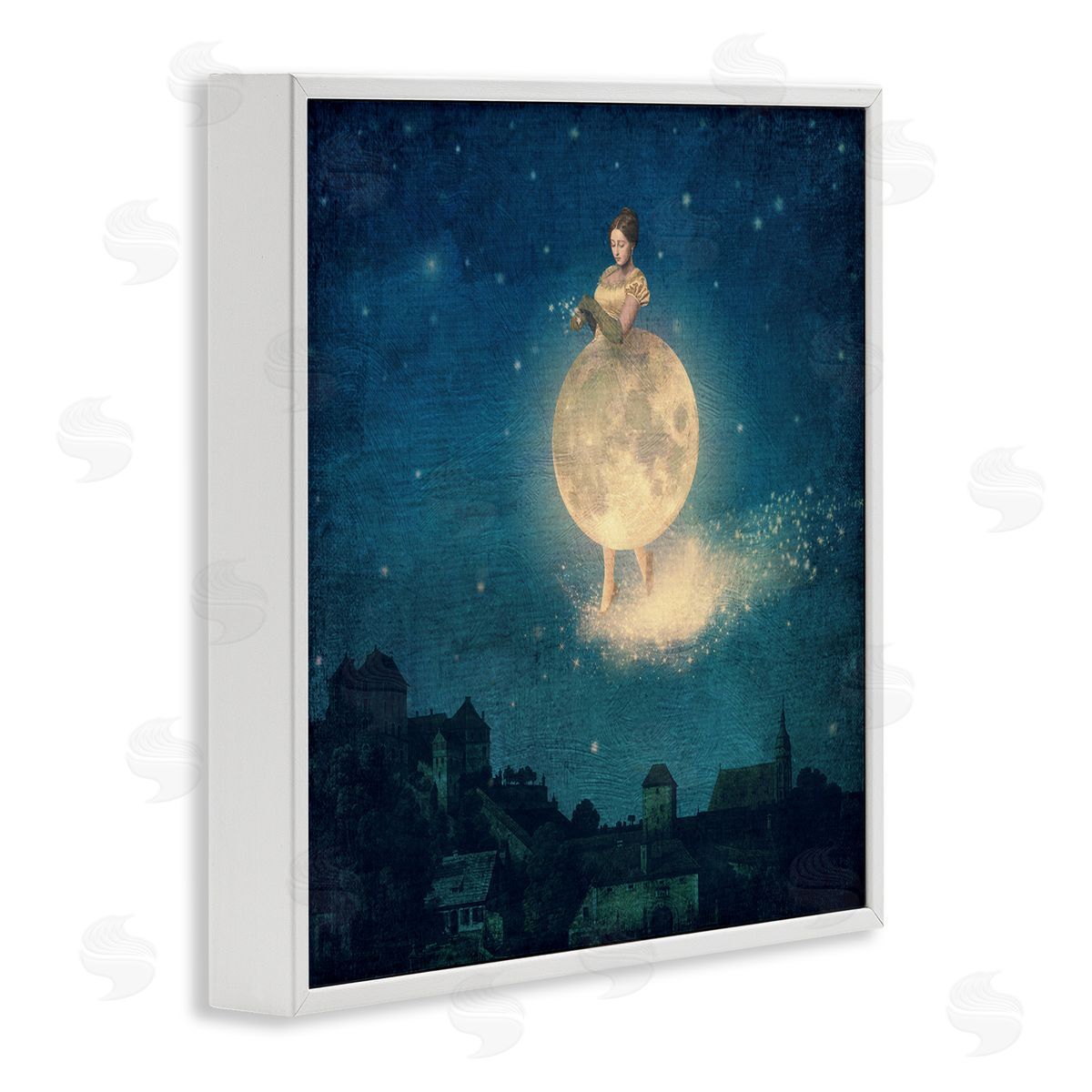 Paula Belle Flores Surreal Lunar Woman Nighttime Stars Cityscape  White Framed Glicee Wall Art Print