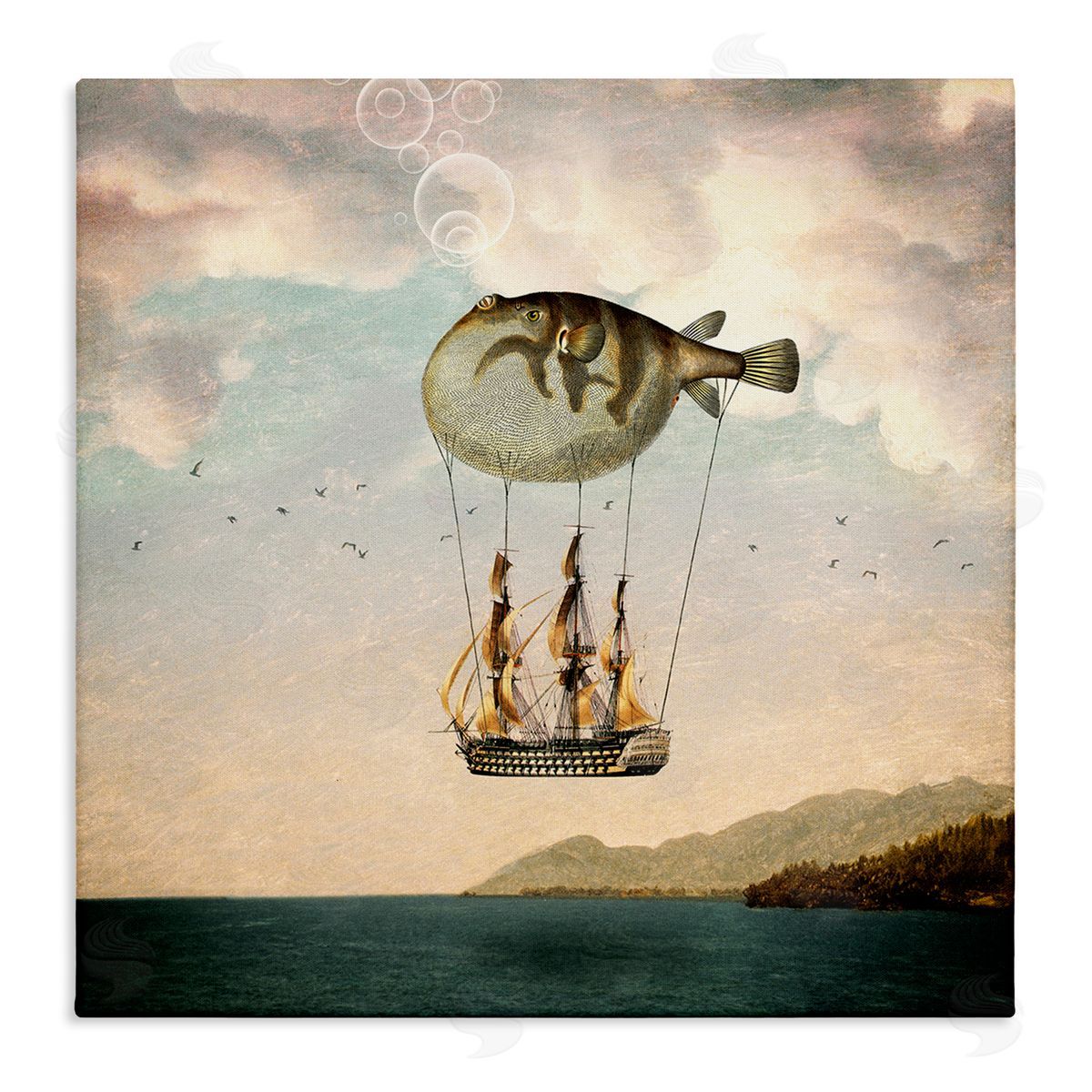 Paula Belle Flores Surreal Puffer Fish Hot Air Balloon Cloudy Lakeside  Stretched Canvas Wall Art Print