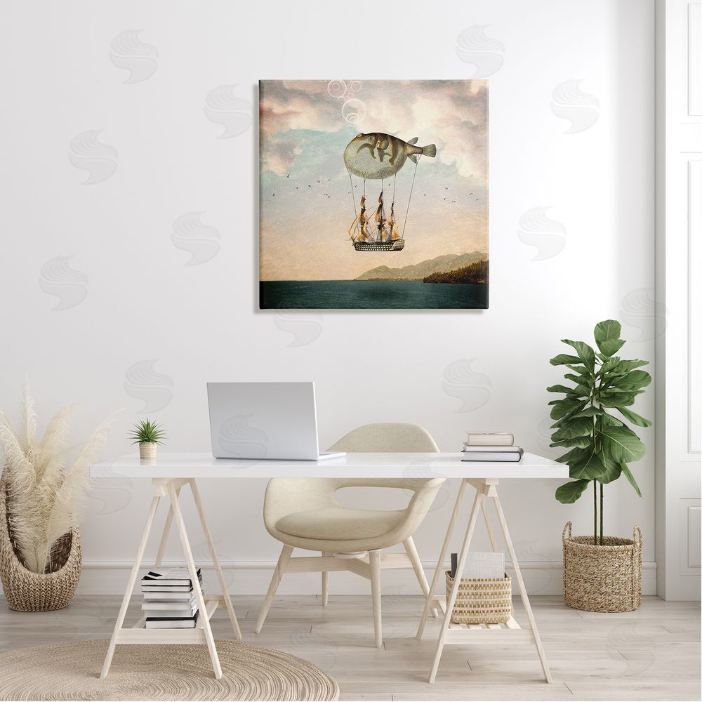 Paula Belle Flores Surreal Puffer Fish Hot Air Balloon Cloudy Lakeside  Canvas Wall Art in Room