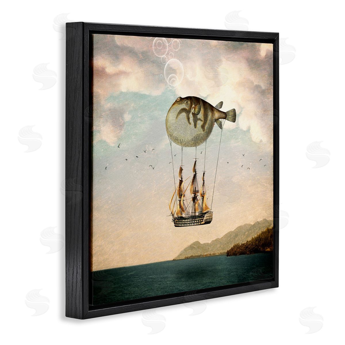 Paula Belle Flores Surreal Puffer Fish Hot Air Balloon Cloudy Lakeside  Black Floating Frame Canvas Wall Art Print