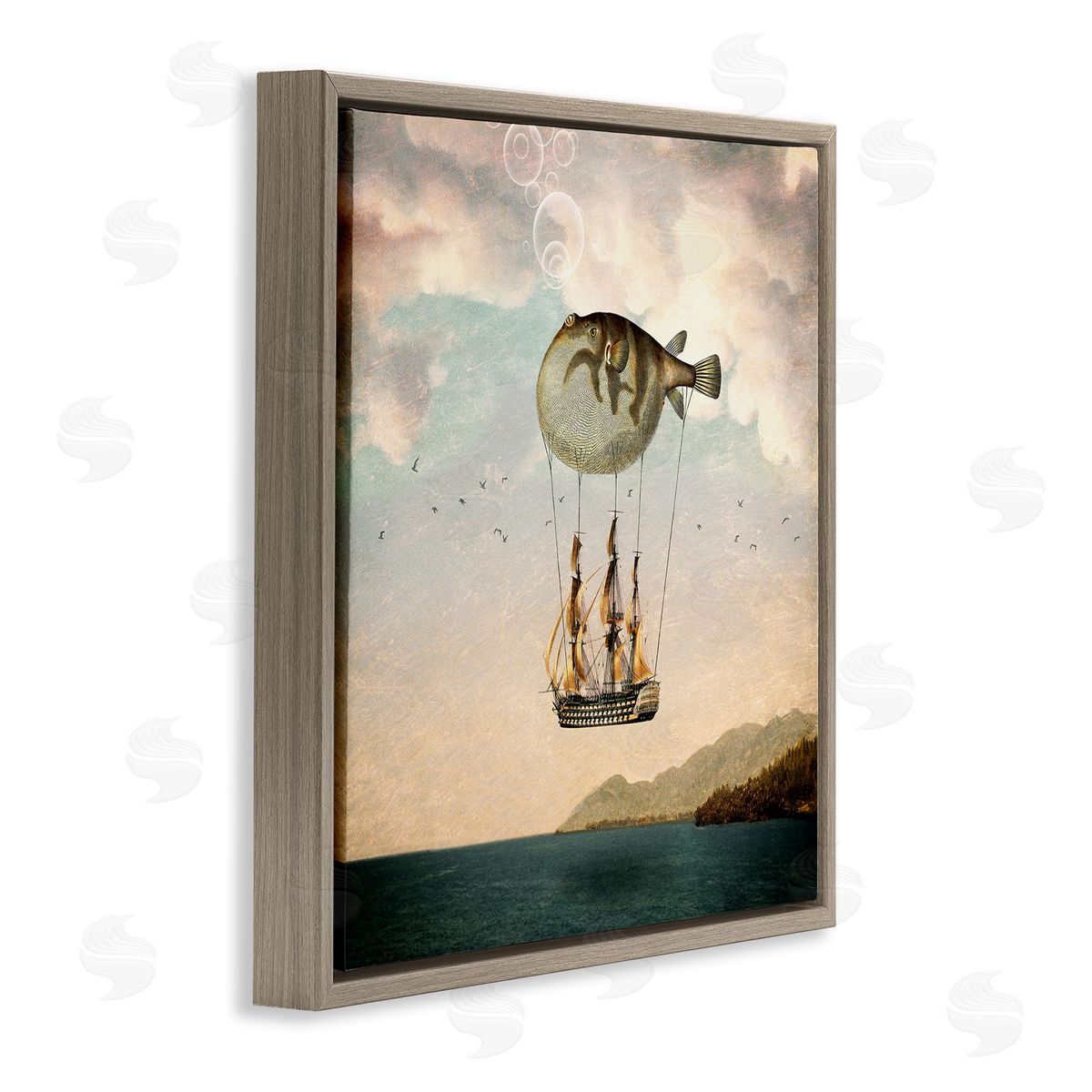 Paula Belle Flores Surreal Puffer Fish Hot Air Balloon Cloudy Lakeside  Brown Floating Frame Canvas Wall Art Print