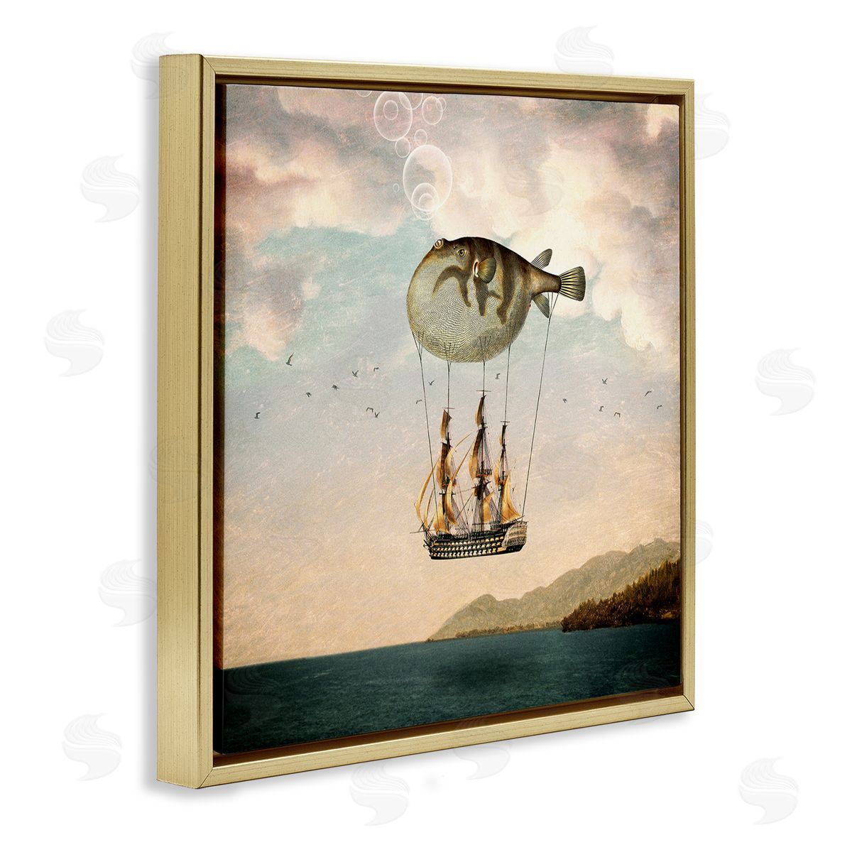 Paula Belle Flores Surreal Puffer Fish Hot Air Balloon Cloudy Lakeside  Gold Floating Frame Canvas Wall Art Print