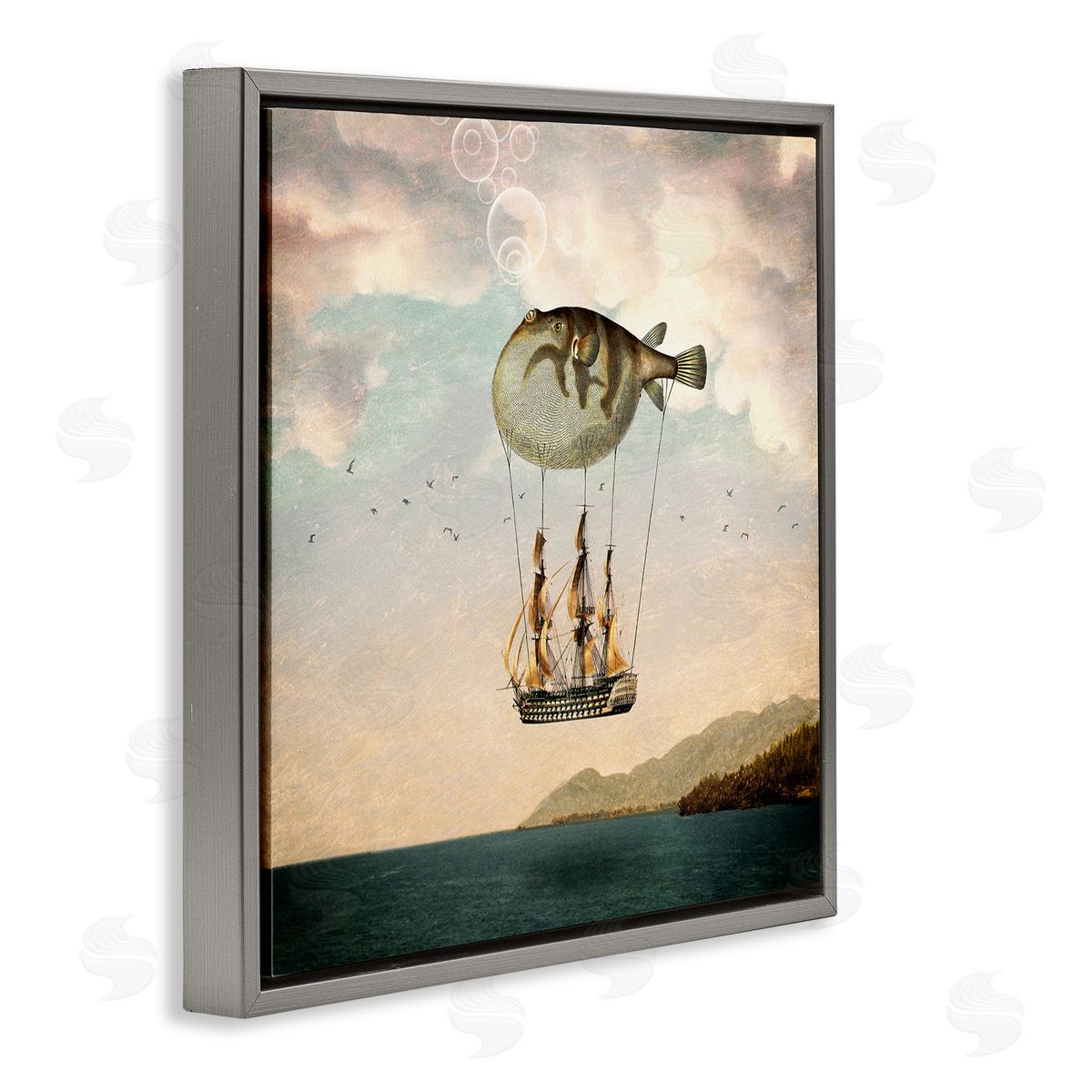 Paula Belle Flores Surreal Puffer Fish Hot Air Balloon Cloudy Lakeside  Gray Floating Frame Canvas Wall Art Print