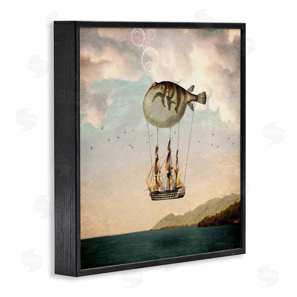 Paula Belle Flores Surreal Puffer Fish Hot Air Balloon Cloudy Lakeside  Black Framed Glicee Wall Art Print
