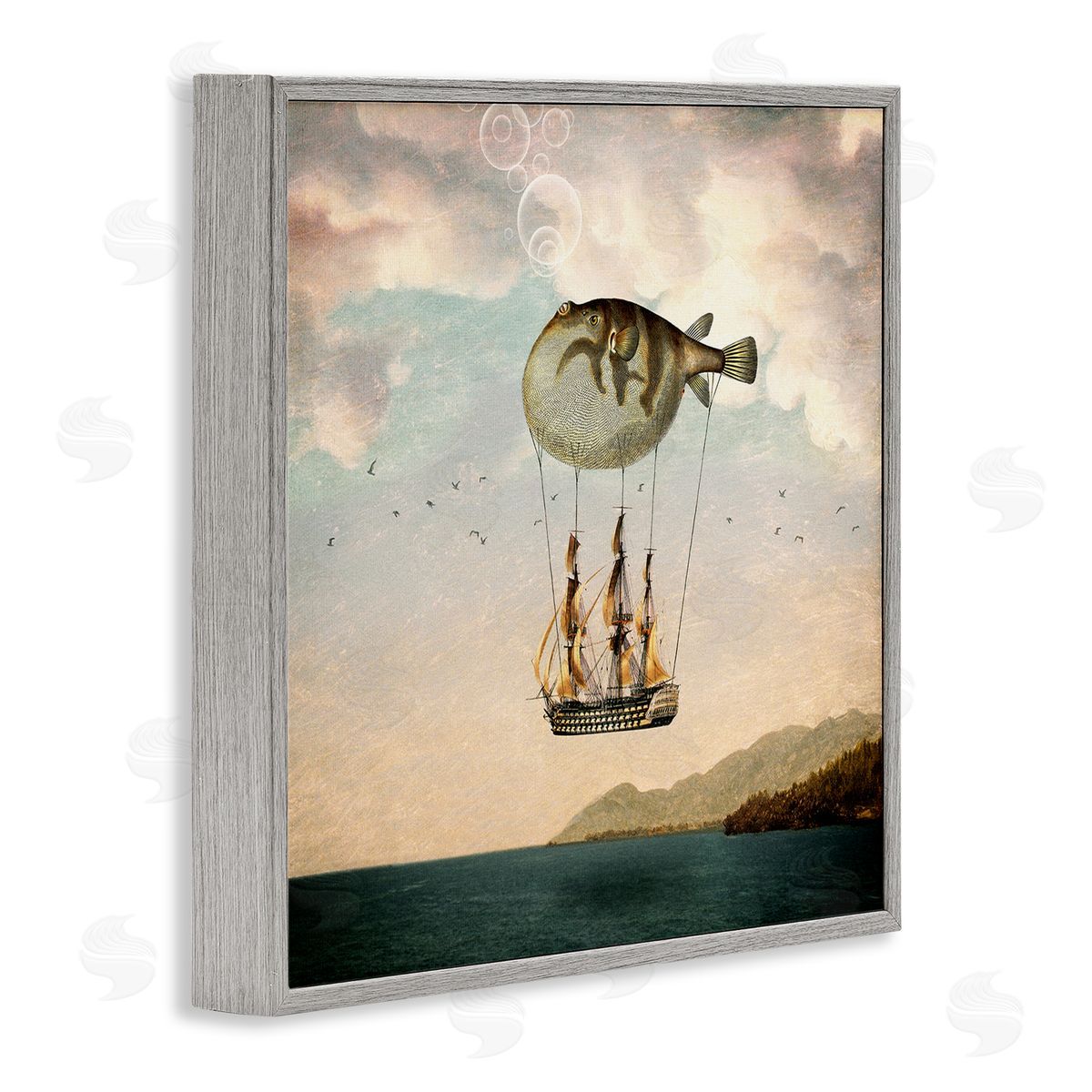 Paula Belle Flores Surreal Puffer Fish Hot Air Balloon Cloudy Lakeside  Gray Framed Glicee Wall Art Print