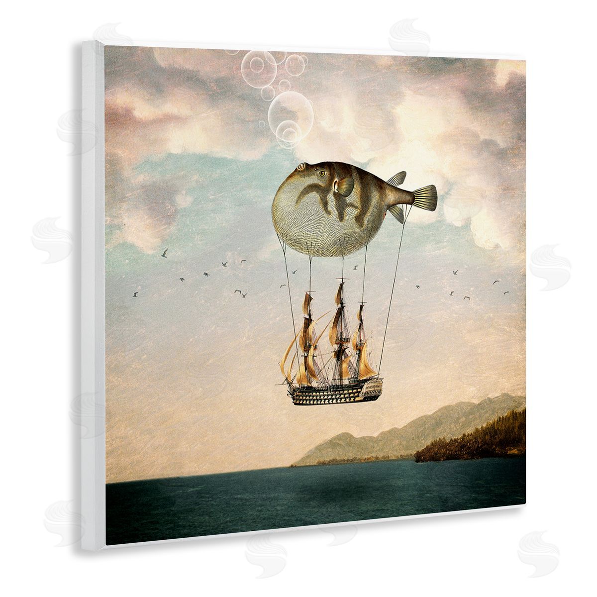 Paula Belle Flores Surreal Puffer Fish Hot Air Balloon Cloudy Lakeside  Wooden Wall Plaque Art Print