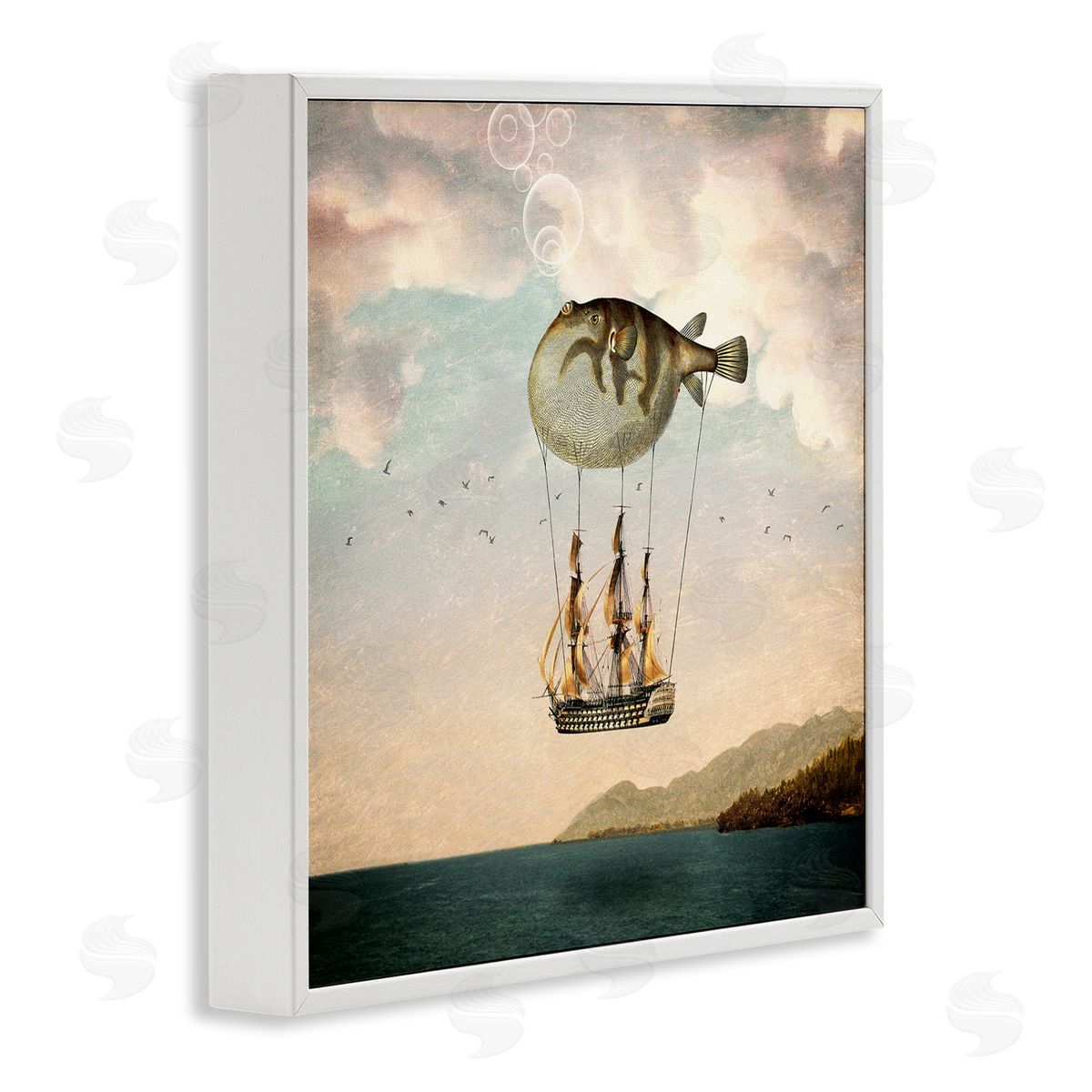 Paula Belle Flores Surreal Puffer Fish Hot Air Balloon Cloudy Lakeside  White Framed Glicee Wall Art Print