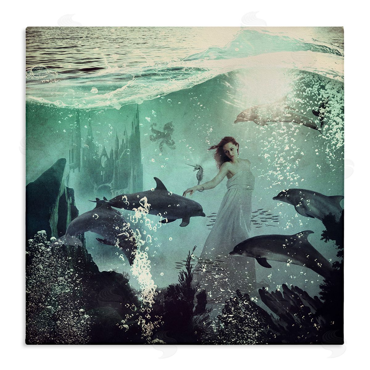 Paula Belle Flores Surreal Woman Underwater Dolphins Splashing Bubbles  Stretched Canvas Wall Art Print