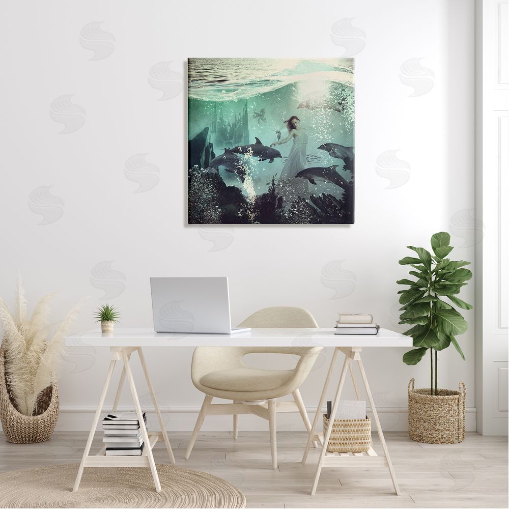 Paula Belle Flores Surreal Woman Underwater Dolphins Splashing Bubbles  Canvas Wall Art in Room