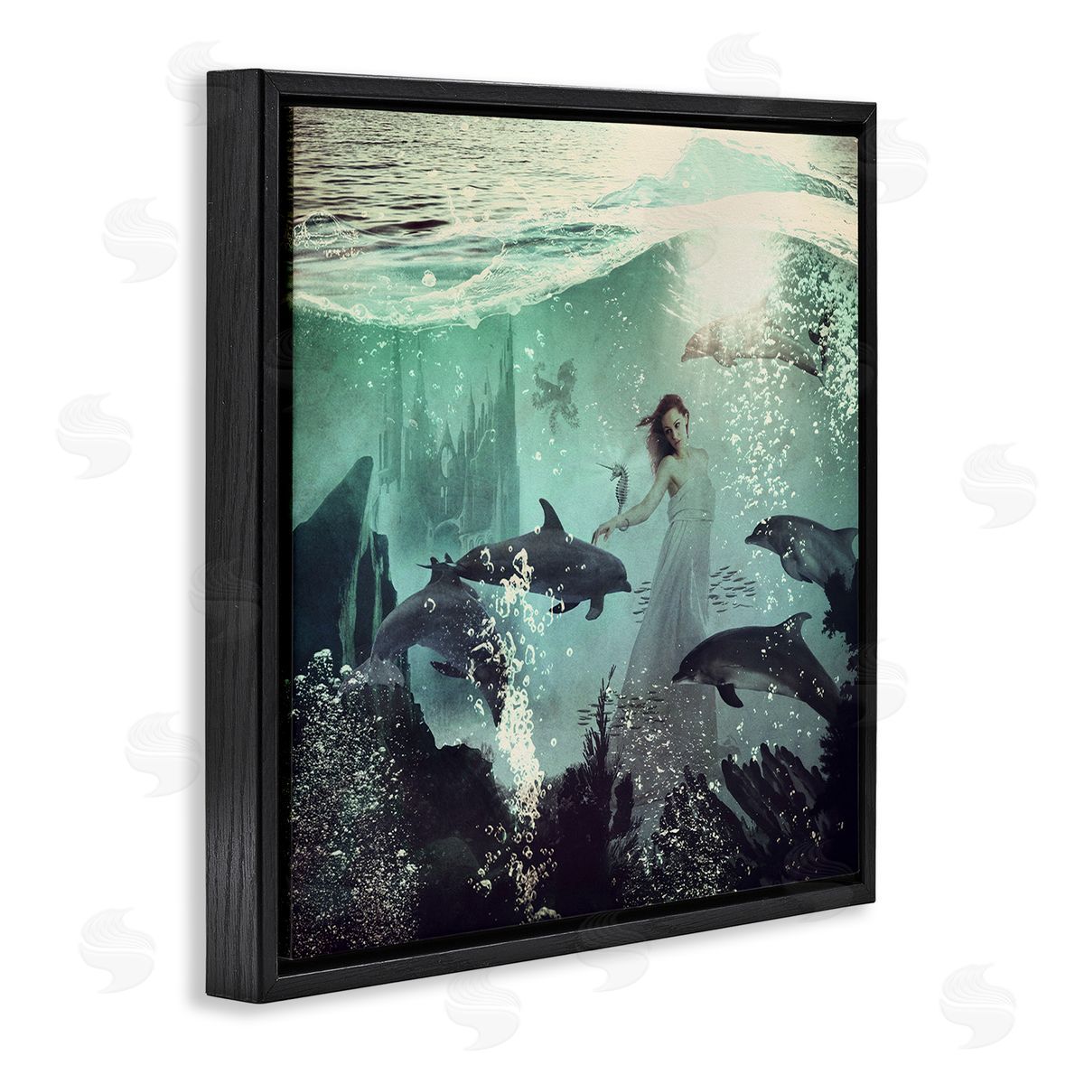 Paula Belle Flores Surreal Woman Underwater Dolphins Splashing Bubbles  Black Floating Frame Canvas Wall Art Print