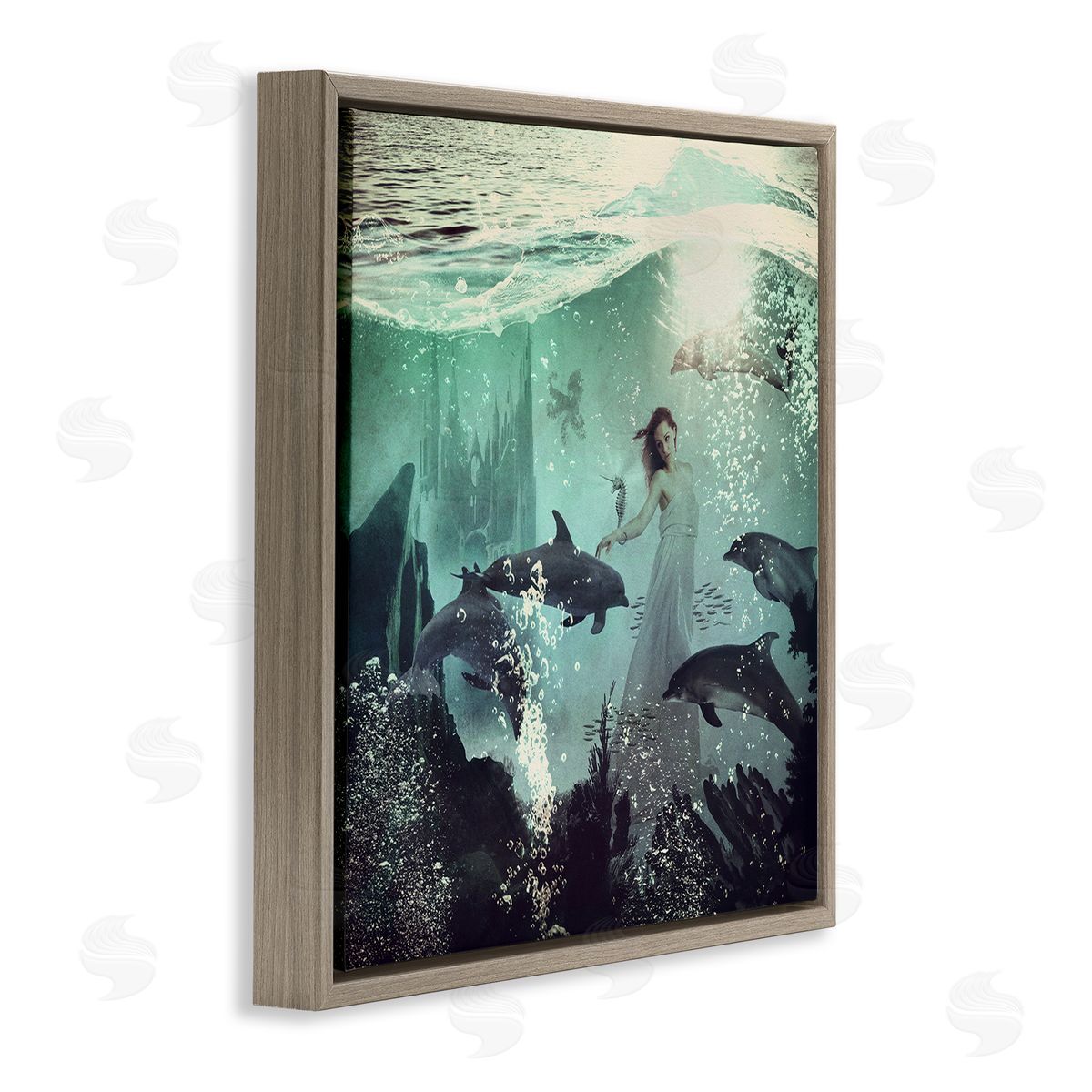Paula Belle Flores Surreal Woman Underwater Dolphins Splashing Bubbles  Brown Floating Frame Canvas Wall Art Print